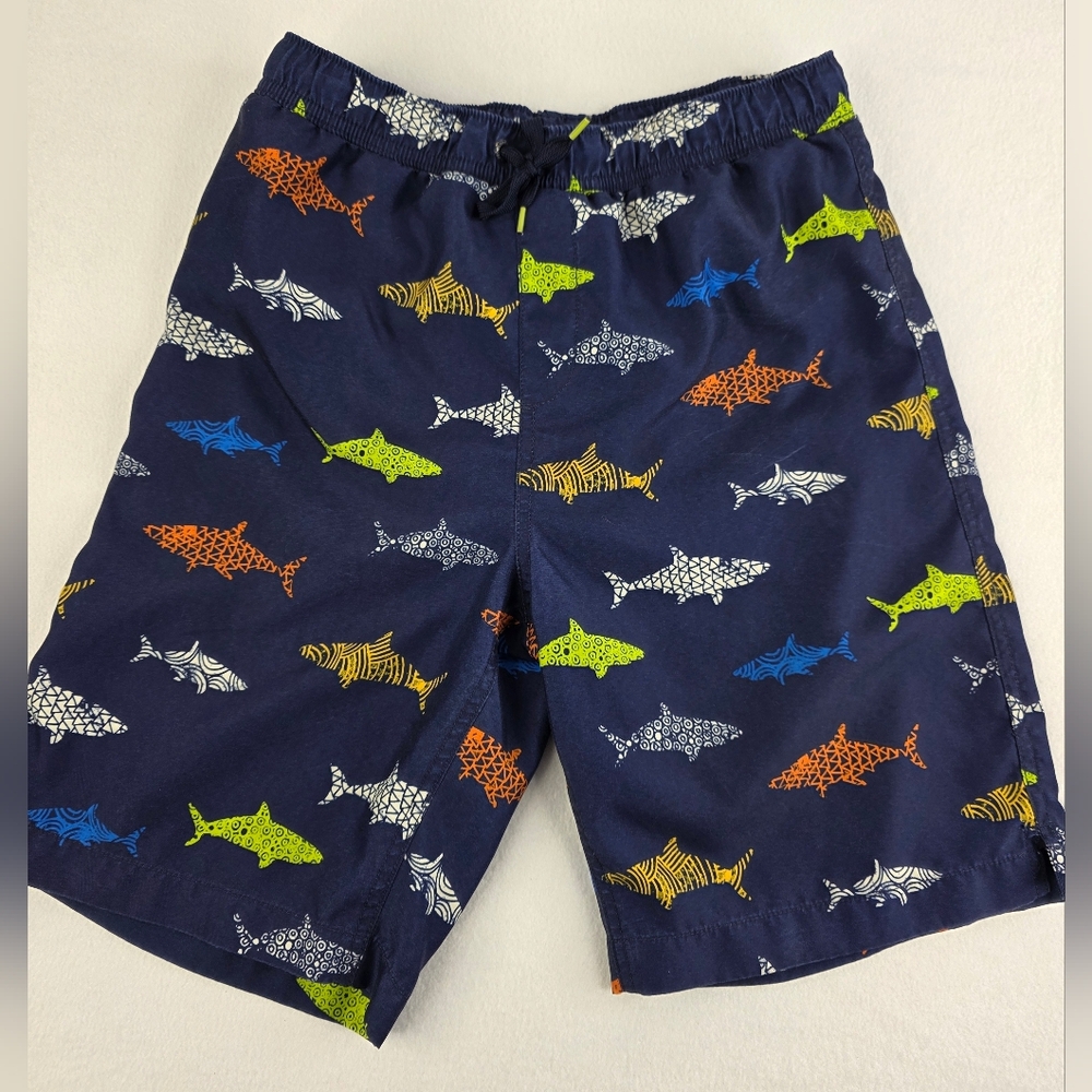 Lands'End Boy's Navy Shark Print Swim Trunks Size Large (14-16) N-3360